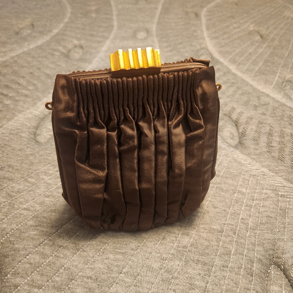 Brown Satin Clutch with Gold Clasp